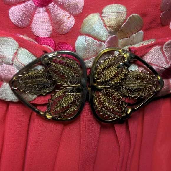 Vintage 60s Pink Embroidered Daisy Maxi Dress Bishop Sleeves XS/Small - Picture 4 of 13